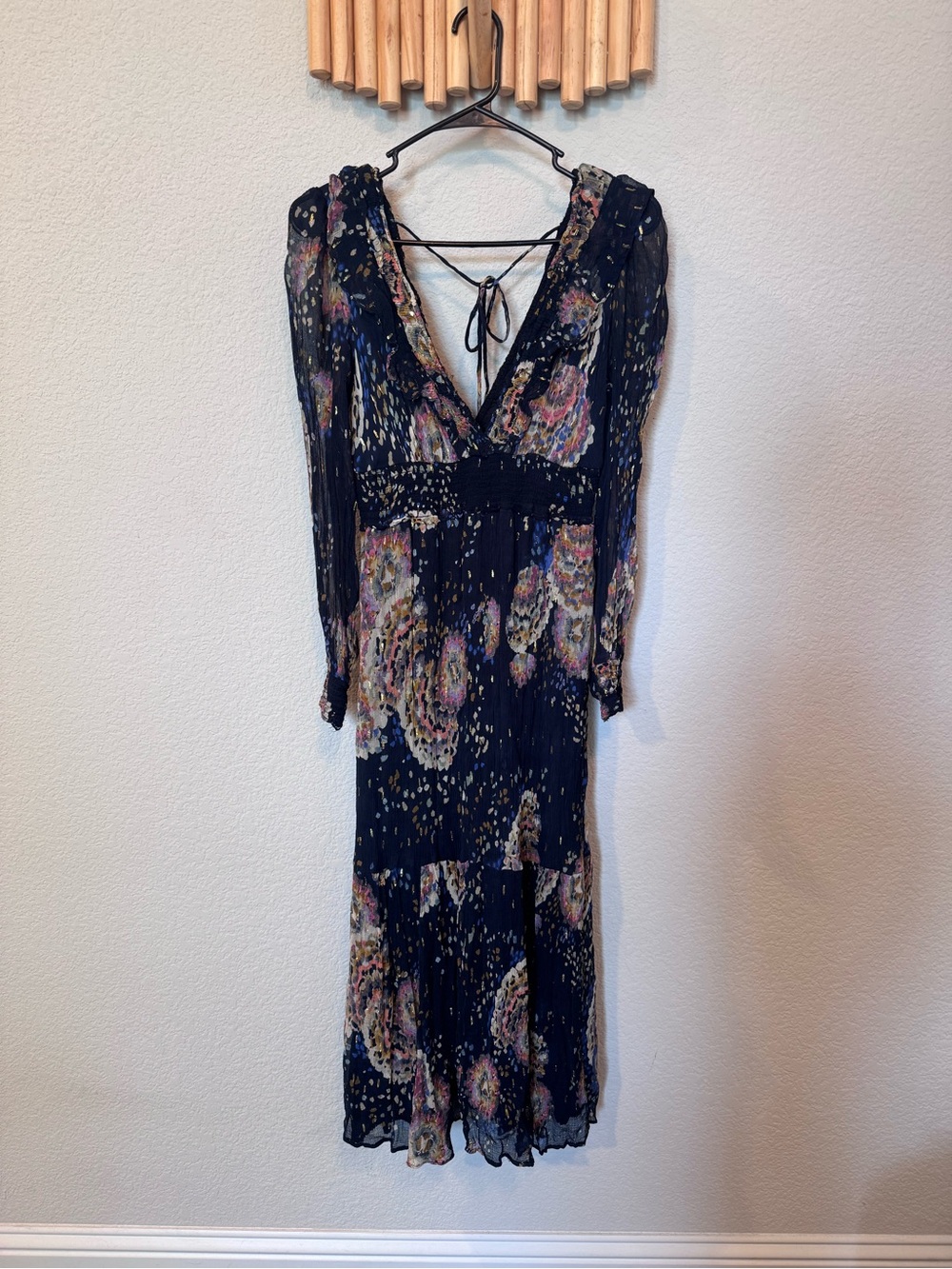 Anthropologie Small Boho Floral Sheer Sleeve Midi Dress Navy with pockets :) - Picture 2 of 15